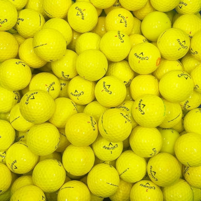 Mulligan - 75 Callaway Mix AAA recycled used golf balls in yellow, close-up pile showing dimpled surface and Callaway branding, eco-friendly and suitable for golfers of all skill levels, often used for practice.
