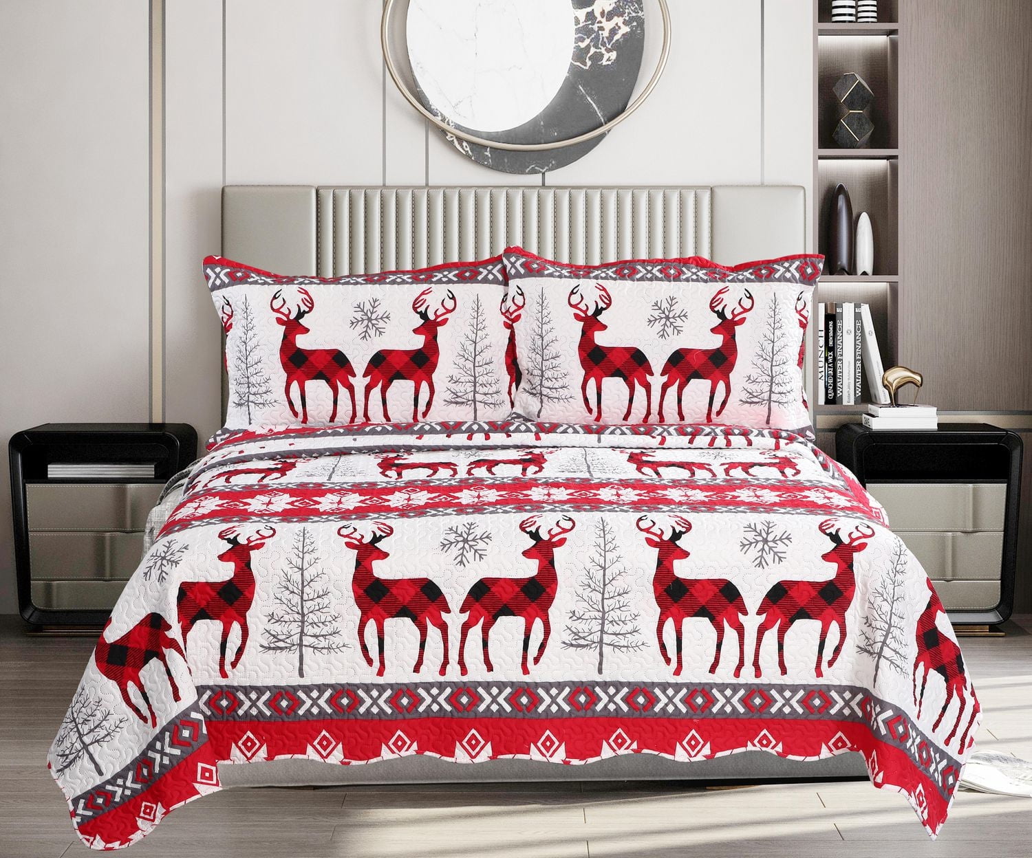 Marina Decoration Rich Printed Embossed Pinsonic Coverlet Bedspread Ultra Soft Bedding Summer Christmas Quilt Ensemble avec taies d'oreiller, motif flocon de neige de Noël et cerf