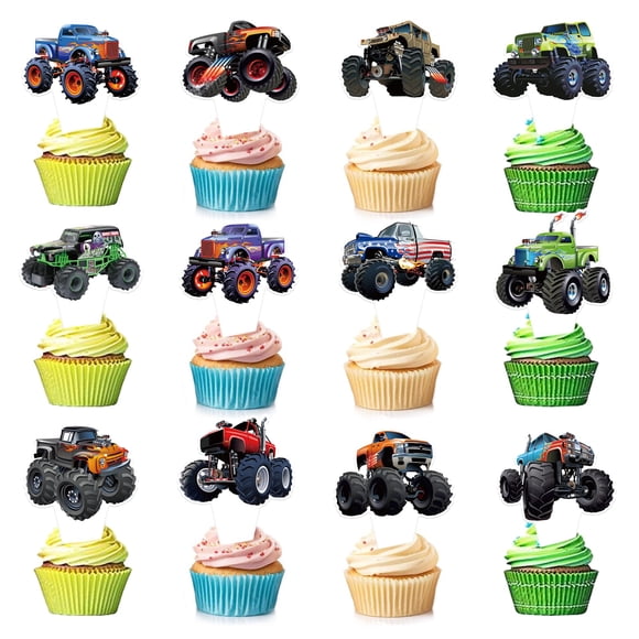 24 PCS Monster Truck Cupcake Toppers Truck Car Theme Birthday Party Decorations Racing Car Theme Birthday Decoration for Boys Girls Baby Shower Kids Cake Decorations Party Decor Party Supplies