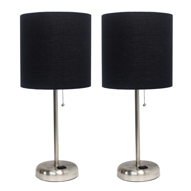 LimeLights Brushed Steel Stick Lamp with Charging Outlet and Fabric Shade 2 Pack Set featuring two table lamps with brushed steel round bases and slim stems, topped with black fabric drum shades, each with a pull chain switch and built-in 2-prong charging outlet, ideal for bedrooms, dorms, or offices.