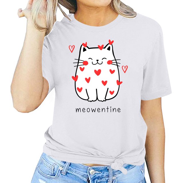 Meichang T-Shirts pour Femmes, T-Shirts de la Saint-Valentin, Imprimé Drôle, Hauts Mignons, Col Rond, Manches Courtes, T-Shirts de Vacances, Saint-Valentin
