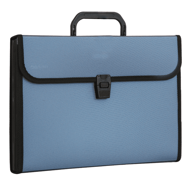 Classeur Extensible avec Étiquettes, Organisateur de Documents Classeur Extensible. Fabriqué en Plastique de Couleur Dure avec une Finition Bleue Texturée, Doté d'Une Fermeture à Boucle durable et d'Une Poignée Ergonomique Noire. Conçu pour Contenir jusqu'à 500 Feuilles de Papier Format A4 Ou Lettre, Il Comprend des Pochettes Individuelles Extensibles avec des Étiquettes Colorées pour une Organisation Facile et un Accès Rapide. Compact et portable, Convient à un Usage au Bureau Ou à l'École.