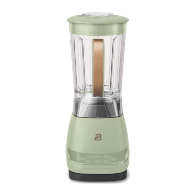 Beautiful High Performance Touchscreen Blender by Drew Barrymore in sage green with a clear 6-cup Tritan pitcher featuring a gold-tone handle, touch-activated control panel, and compact base with the brand's 'B' logo, ideal for countertop blending and easy auto-clean functionality.