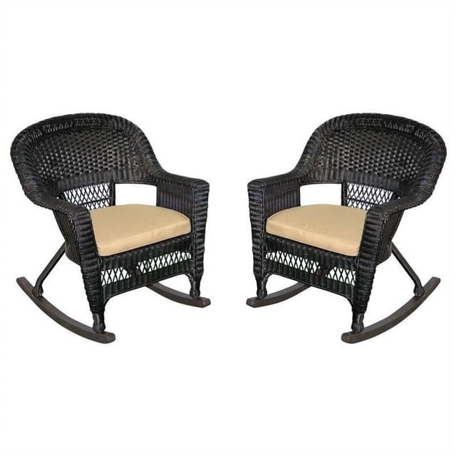 Jeco Chaise en Osier Noire avec Coussin Beige (Ensemble de 4)