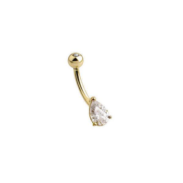 Solid 14k Gold Belly Button Ring 14 Gauge Navel Jewelry featuring a teardrop-shaped clear cubic zirconia and a 5mm internally threaded top ball. The navel ring is nickel-free, measures 14 gauge, and has a 3/8-inch length. Designed for body jewelry enthusiasts.