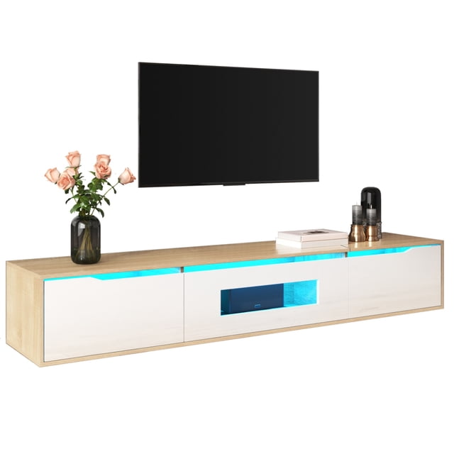 Deiokin 71" High-Gloss TV Stand with LED Lights, Modern Media Console with Hollow Doors, 16-Color RGB Lighting