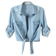 thumbnail image 1 of Veste en Denim en Jean Surdimensionnée pour Femmes, Veste Chemise Courte Décontractée à Manches 3/4 avec Nœud à Nouer, Veste Chemise en Denim pour Femmes P-61 Bleu Ciel TG, 1 of 7
