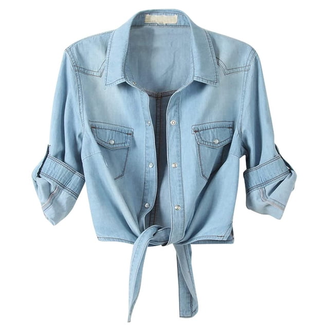 Veste en Denim en Jean Surdimensionnée pour Femmes, Veste Chemise Courte Décontractée à Manches 3/4 avec Nœud à Nouer, Veste Chemise en Denim pour Femmes P-61 Bleu Ciel TG