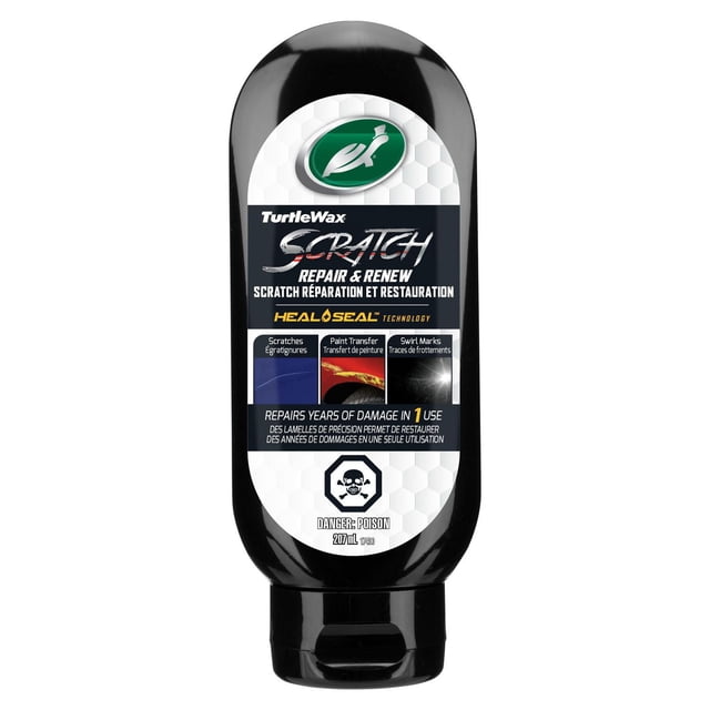 Turtle Wax Scratch Repair & Renew bottle with black flip-top cap, designed for automotive use to repair scratches, paint transfer, and swirl marks using Heal & Seal technology, restoring and sealing paint in one step, 207 ml size.