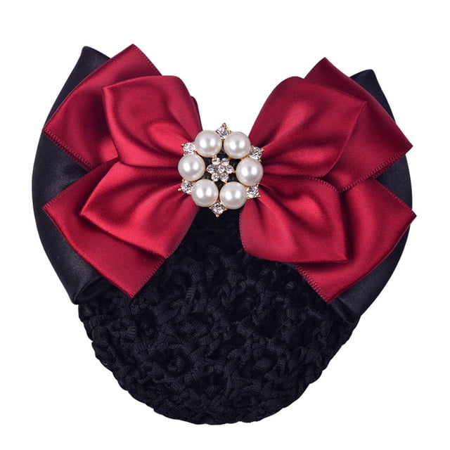 Couvre-chignon pour Femmes en Filet avec Strass, Nœud Papillon, Accessoires, Ornement, Barrette, Pince, Nœud, Dentelle, Fleur, Accessoire de Fête pour Hôtesse de l'Air, Travailleuse, Rouge