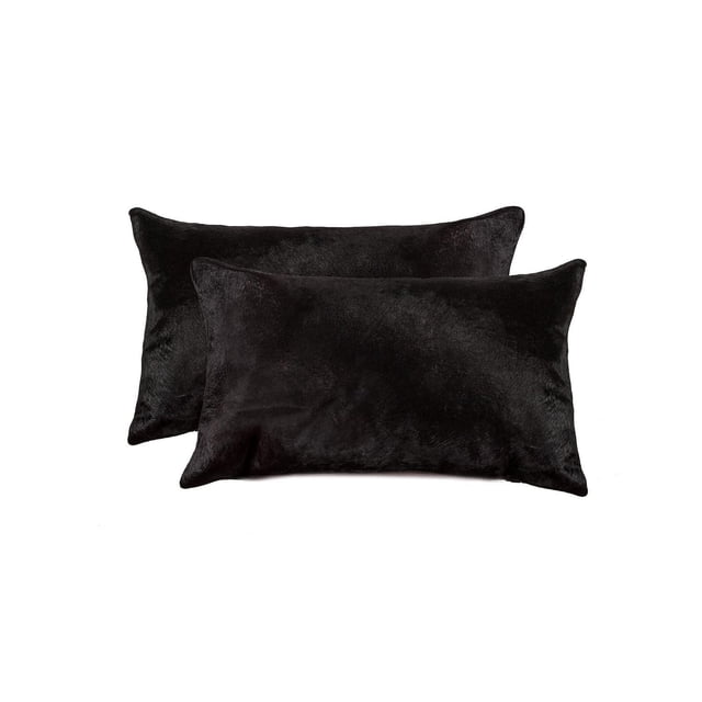 TORINO COWHIDE PILLOW 12"X20" 2-PACK with two black rectangular cowhide throw pillows, hand-stitched with hidden zipper closures and soft microsuede backing, designed to enhance home décor with natural texture and durability, also suitable for layering on sofas or beds.