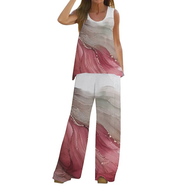 Mikilon Ensemble Stylé pour Femmes 2 Pcs Décontracté Ample Imprimé Camisole Pantalon Long Sans Manches Col Rond Haut/chemise Ensemble Rose-B S