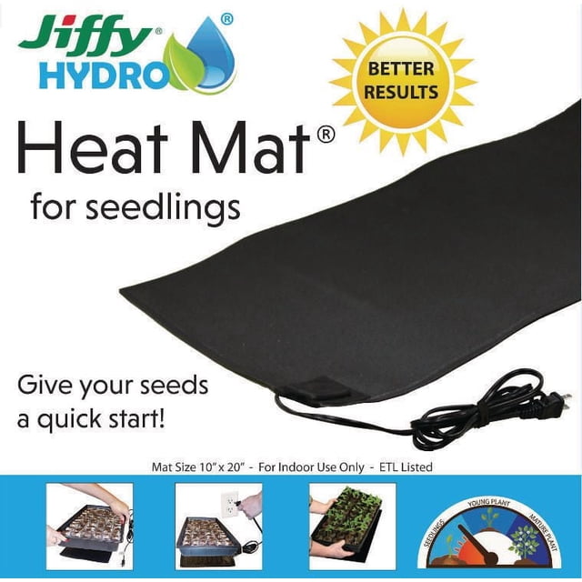 Jiffy Hydro Heat Mat 4 Pack with a black 10 by 20 inch heat mat featuring an attached power cord, ETL listed for indoor use, designed to speed up seedling and cutting germination in hydroponic gardening for better success rates.