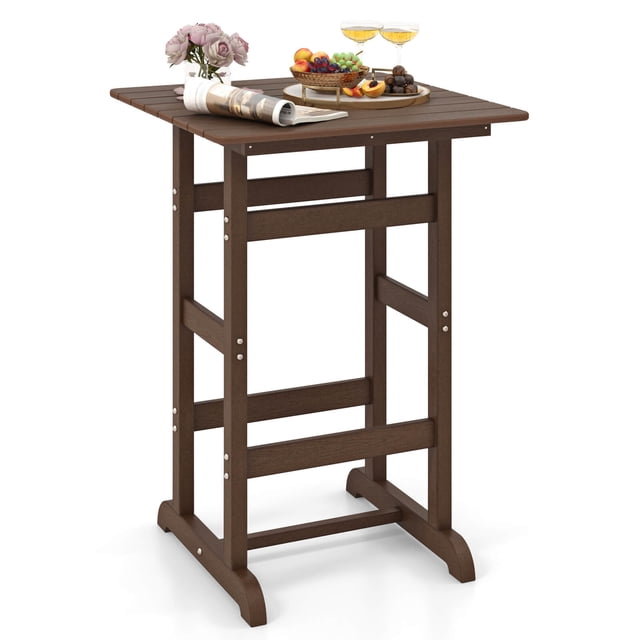 Costway Outdoor Bar Table All Weather HDPE Patio Table with Wood Grains Bistro Table Brown