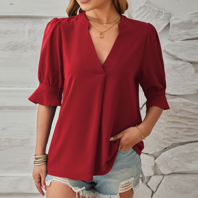 Blouses pour Femmes Mode Décontractée Confortable Unie Col en V Manches 1/2 Haut Blouse T-Shirt