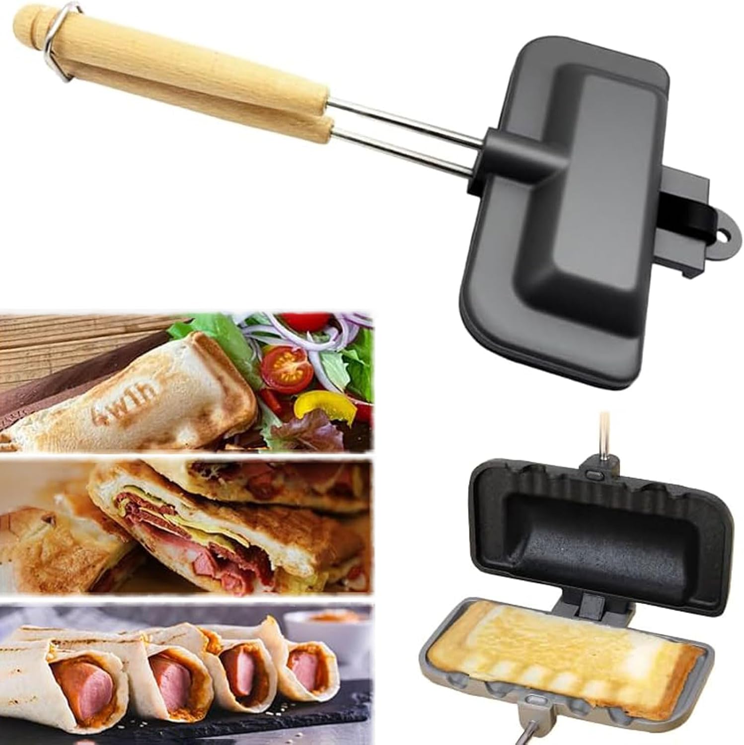 Hot Dog Toaster, Bun And Hotdog Toaster, Pie Maker Double Sided Baking Pan, Pie Iron, Mountain Pie Maker Cast Iron Sandwich Maker, Flip Grill Pan For Breakfast Pancakes, Toast, Omelets
