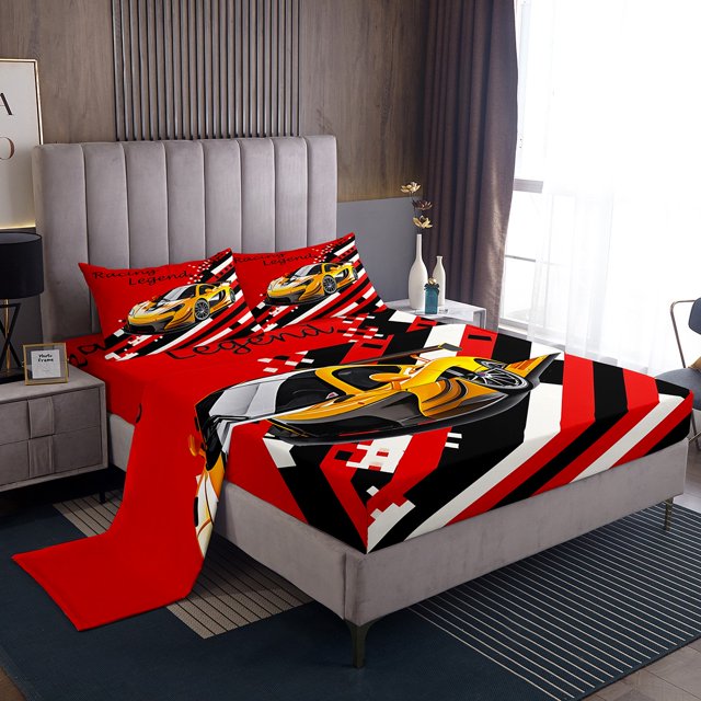 YST Race Car Bed Sheets Set Queen Size 4pcs, Racing Sports Printed Soft Sheet Set, Cool Speed Vehicles Kids Teens Bedding For Bedroom, Black Yellow Checkerboard Lightweight Bedding Set