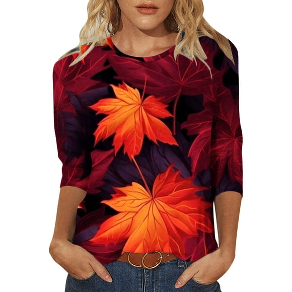 XWSHYW Hauts et Chemisiers pour Femmes T-Shirt à Col Rond Imprimé à la Mode et Décontracté à Manches Trois-Quarts 3/4 Haut Liquidation