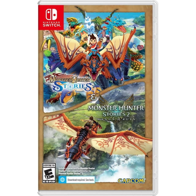G-NINTENDO NS MONSTER HUNTER ST Nintendo Switch game cover featuring colorful monsters and riders from Monster Hunter Stories and Monster Hunter Stories 2: Wings of Ruin, with dragon-like creatures flying over a lush landscape with waterfalls.