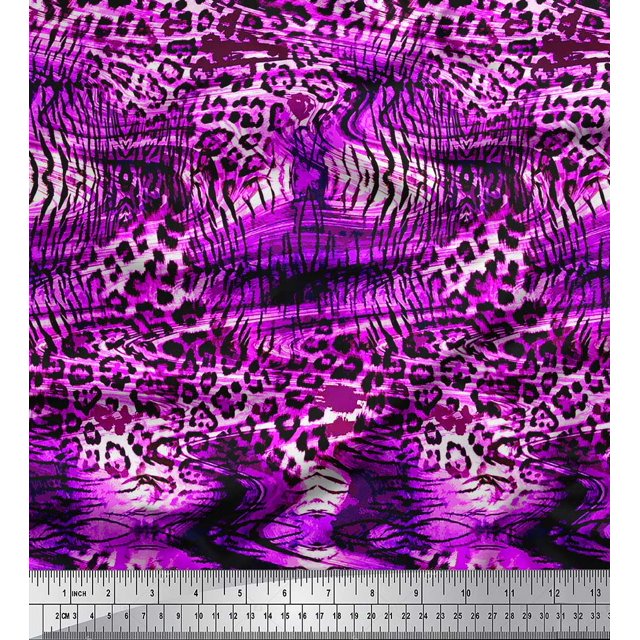 Soimoi Purple polyester Crepe Fabric Leopard & Tiger Animal Skin Print Sewing Fabric Yard 52 Inch Wide
