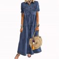 thumbnail image 1 of EGNMCR Robes de Fête pour Femmes Femmes Bouton Ample Imprimé Col en V Imitation Denim Manches Courtes Longue Robe, 1 of 5