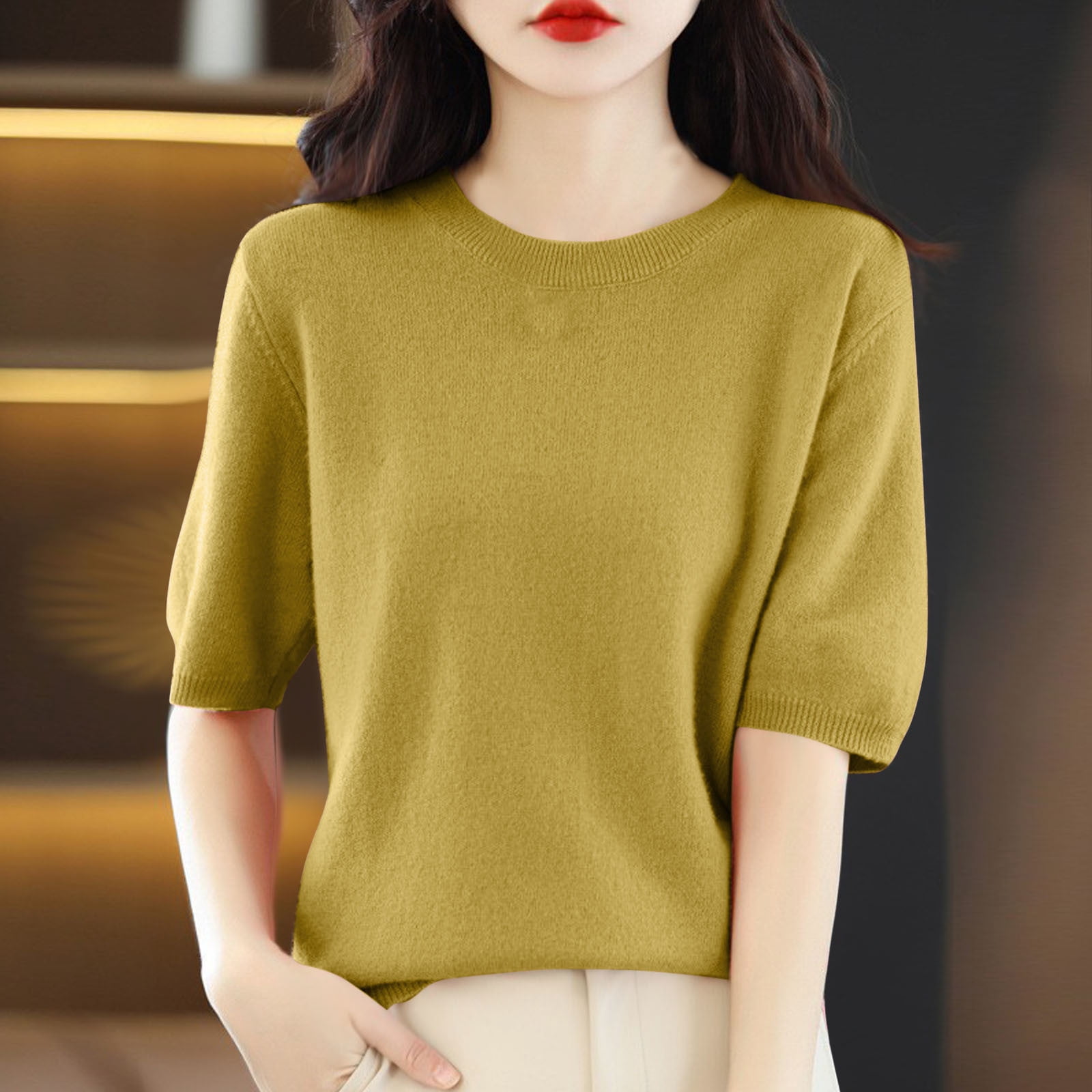 AherBiu Hauts d'Été pour Femmes Col Rond Manches Mi-Longues Chemises Unies Décontractées Coupe Ample T-Shirts Basiques Blouses