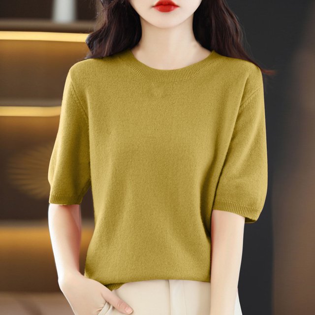 AherBiu Hauts d'Été pour Femmes Col Rond Manches Mi-Longues Chemises Unies Décontractées Coupe Ample T-Shirts Basiques Blouses