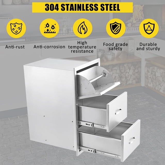AKDSteel Outdoor Kitchen Drawers, Flush Mount Triple Access Bbq Drawers With Stainless Steel Handles For Patio Grill Stations