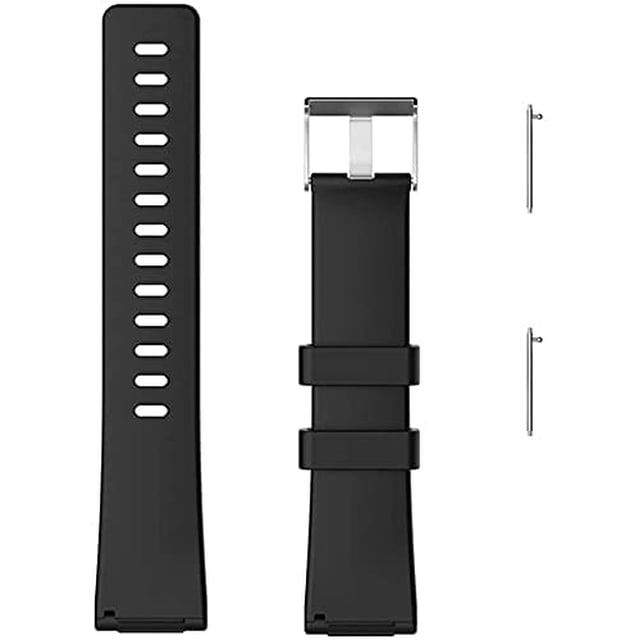 Navor Replacement Strap Wristbands Accessory compatible with Fitbit Versa 2, Versa, Versa Lite, and Versa SE in black, shown in a large size. This smartwatch band is made of durable TPU material with a stainless steel buckle, designed for comfort and high-intensity workouts. Includes two pins for easy installation.