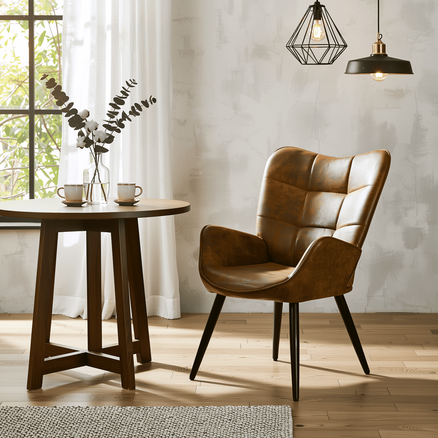Homy Casa fauteuil d’appoint à dossier oreilles en similicuir brun, dossier capitonné et pieds en métal noir