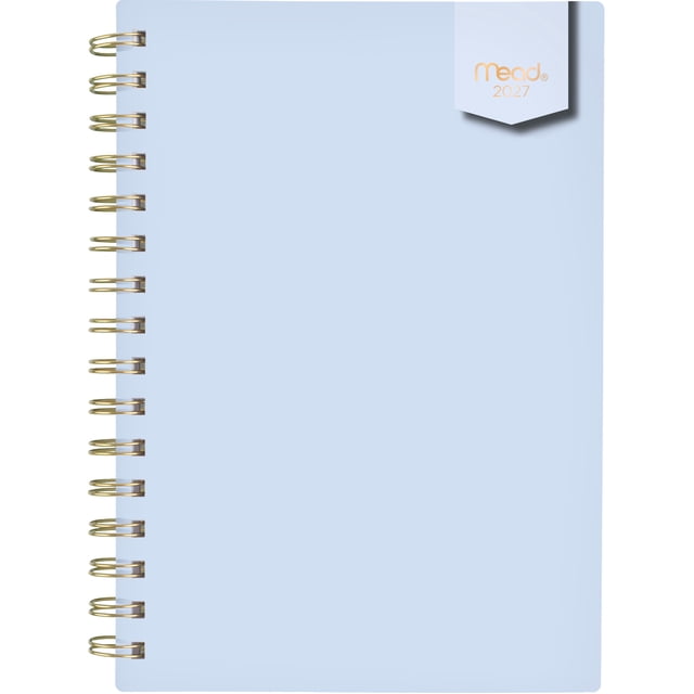 Mead® Sky SM W/M Planner, 2027 small weekly/monthly planner with solid poly cover and gold foil accents, twin-wire coil binding that lays flat, compact 5-1/2" x 8-1/2" size; front-facing closed view showing tabbed monthly dividers and textured poly cover. Includes full 15 months (Oct 2026–Dec 2027) plus three monthly spreads to Mar 2028, monthly two-page spreads with unruled daily blocks and notes, weekly two-page spreads with ruled days and shaded weekends, bilingual pages. Often used as a portable planner for purse or backpack storage.