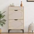 thumbnail image 1 of Slim Rattan Shoe Cabinet - 2 Turn Drawers, 1 Pull-Out Drawer, Adjustable Shelf - Freestanding Entryway Shoe Storage Organizer - Heavy Duty Metal Legs - Space-Saving Hallway Rack - Wood Color, 1 of 8