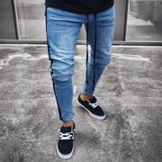 EGNMCR Jeans for Men, Men's Elastic Waist Loose Fit Denim Pants, Mens Pull On Jeans Mens Stretch Pants Distressed Ripped Freyed Zipper Trousers Men Pants
