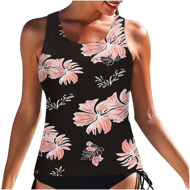 Hauts de Tankini Modestes pour Femmes Haut de Maillot de Bain Seulement Haut de Maillot à Col Licou à Col Ras du Cou Graphique Hauts de Maillot de Bain Dos Découpé Hauts de Maillots de Bain