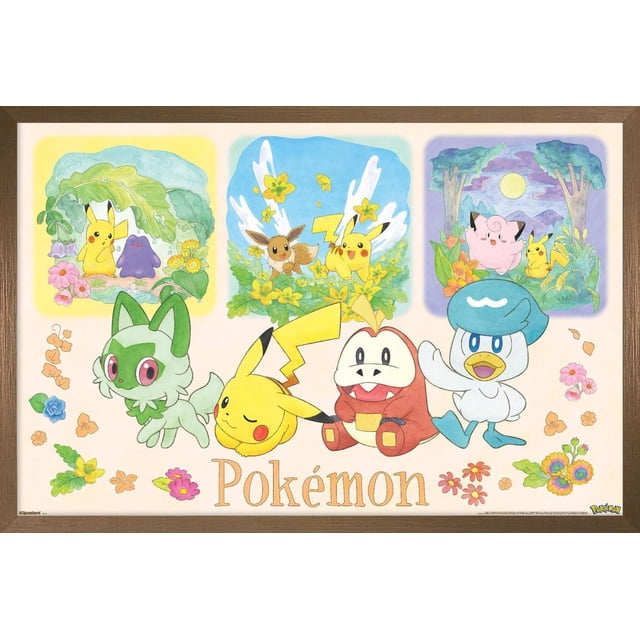 Pokémon: One Scene - Group Wall Poster, 14.725" x 22.375" framed featuring Pikachu, Eevee, Clefairy, and other Pokémon characters in pastel floral nature scenes, designed as wall art and posters for home décor in bedrooms, offices, or dorms.