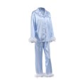 thumbnail image 2 of Fortune Women Pajamas Set, Feather Trim Long Sleeve Button-Down Lapel Tops + Pants, 2 of 9