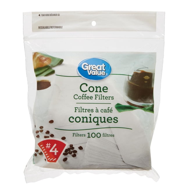 Great Value No. 4 Cone Coffee Filters in a resealable bag with 100 white, lint-free paper filters featuring textured surface for superior filtration, designed for clear, flavourful coffee in standard cone coffee makers.