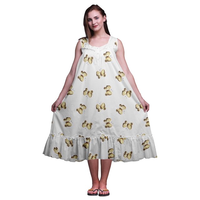 Bimba Robe de Nuit Mi-Mollet Blanche à Papillons pour Femmes, Coton Imprimé, Sans Manches, Maxi, XX-Grand