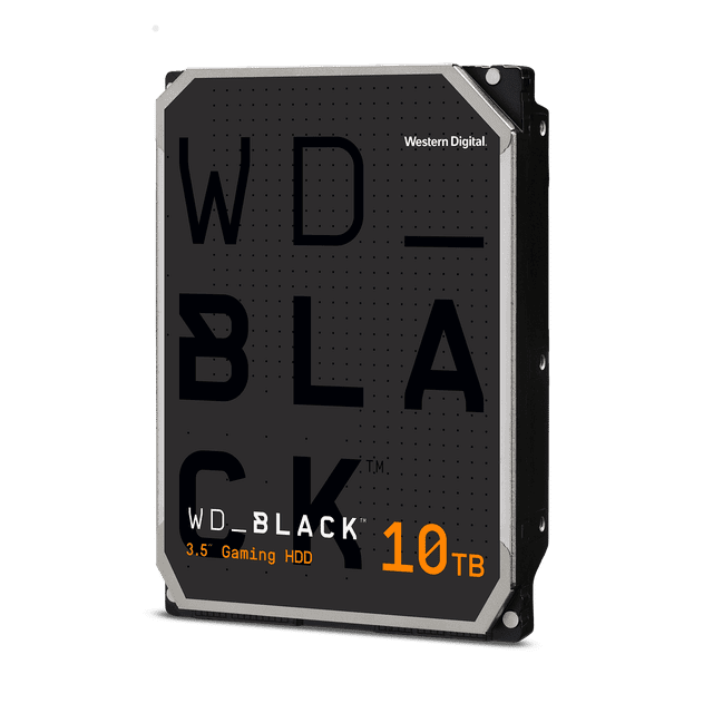 WD_BLACK 10TB Gaming SATA HDD, 3.5" Internal Hard Drive HDD, 7200 RPM, 512MB Cache - WD102FZBX front-facing 3.5-inch black internal desktop hard drive with matte metal top and WD_BLACK label, visible SATA power and data connectors and silver screw mounts; listed compatible with PC and Mac (requires reformatting); often used for local game installs or media archive storage.