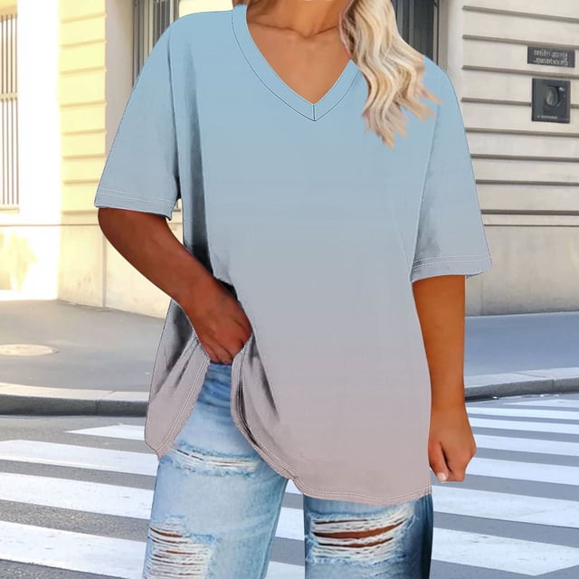 Ovbmpzd V-Neck Womens Tops Plus Size Blue Short Sleeve Comfy Gradient Color Blouses Shirts for Teens S