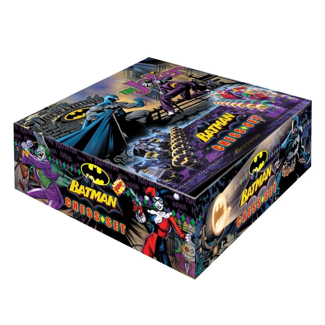 The Noble Collection Batman Coffret d'Échecs avec Illustrations Vibrantes de Style Bande Dessinée de Batman, Joker, Harley Quinn et d'Autres Personnages Gothiques, avec le logo Batman et un Texte Coloré sur un Emballage Pliable pour Jeux de Société Classiques.