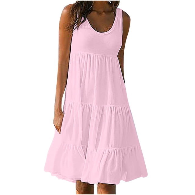 zanvin Robe T-Shirt Ample Évasée pour Femme, Décontractée, Col Rond, Sans Manches, Fluide, Unie, Été, Rose Pâle, L