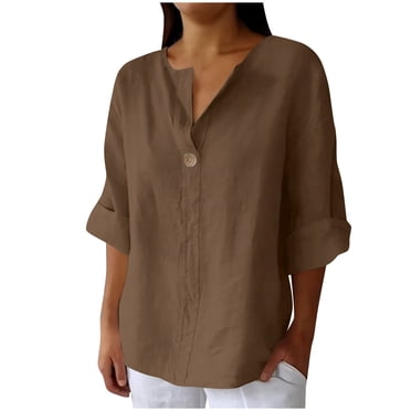 Lenpel Women's 3/4 Length Sleeve Tops Summer Casual V Neck Plus Size Cotton Linen T-Shirts Loose Tunic Blouses