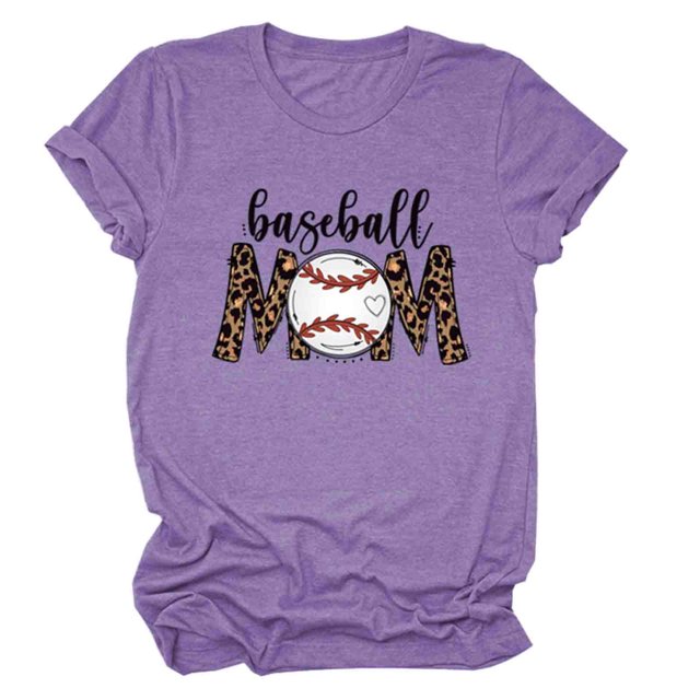 Womens Solid Color Short Sleeve Casual Baseball Print T-shirt Round Neck Print Tops