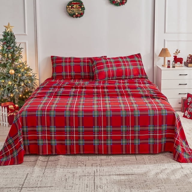 Gogreen Ensemble de Draps 3 Pcs à Poches Profondes pour Lit Simple s'Adapte à 14 Pouces, Microfibre Respirante Ultra Douce Ensemble de Draps Format Simple, Style Hôtel de Luxe Déco Maison Ensemble de Draps pour Lit Simple, Cadeau pour Femmes, Hommes - Carreaux Rouges