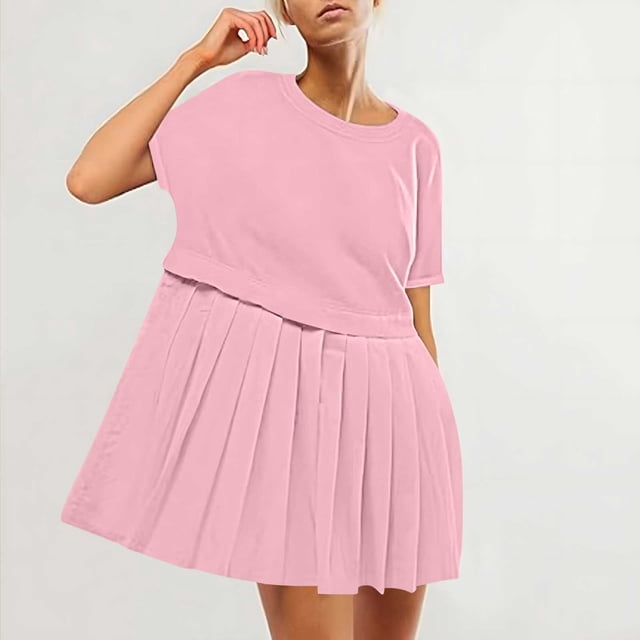 EQWLJWE Summer Patchwork Mini Dresses for Women 2024,Pleated Ruffle Dresses for Women Crew Neck Short Sleeve Dress ,Solid Ruffle A Line Beach Boho Long Maxi Dress with Pockets