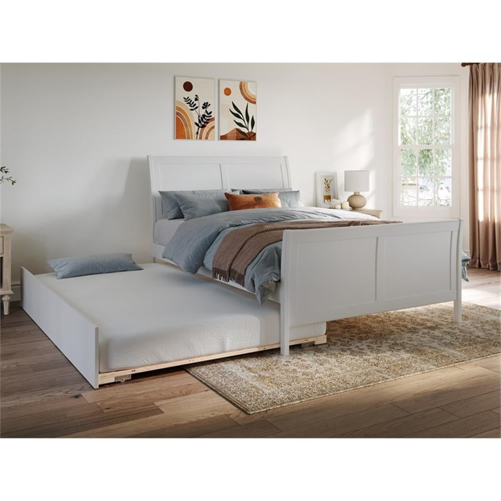 Lit Plateforme Double en Bois Portland avec Pied de Lit Assorti et Tiroir-Lit Double, Blanc