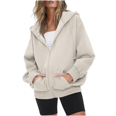 Timegard Hoodies for Women Zipper Long Sleeve Solid Color Fall Casual Loose Jackets Coat Sweatshirts