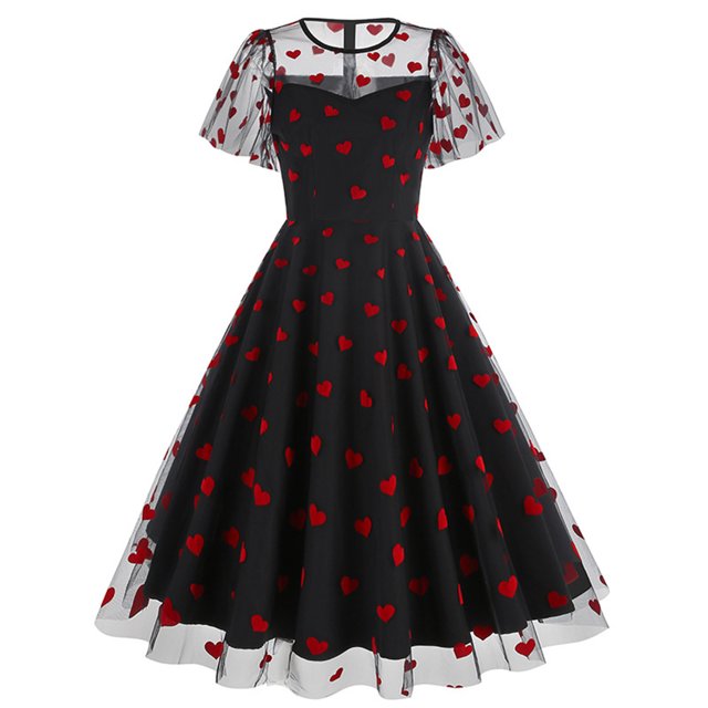 Liquidation Aujourd'hui Iumwxz Robe à Col Rond à Manches Courtes pour Femme Robe en Tulle Tunique à Fermeture Éclair Robe de Princesse Robes à Imprimé Cœur Robes d'Été Décontractées pour Femmes Robe Tendance pour les Vacances
