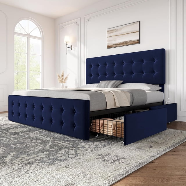 King Size Bed Frame with 4 Storage Drawers and Headboard, Velvet Upholstered Platform Bed Frame with Wooden Slats Support, Button Tufted Design, No Box Spring Needed, Blue